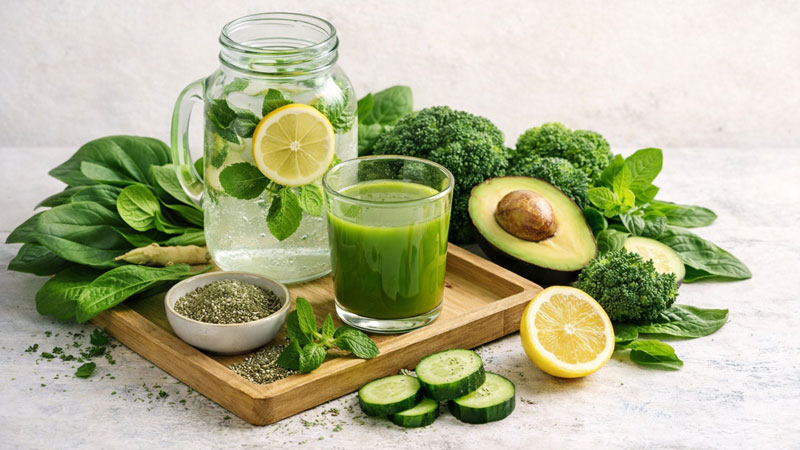 detox-naturelle-aliments-verts-elimination-1 “Assortiment de superaliments naturels riches en antioxydants, protéines et vitamines pour renforcer l’immunité”