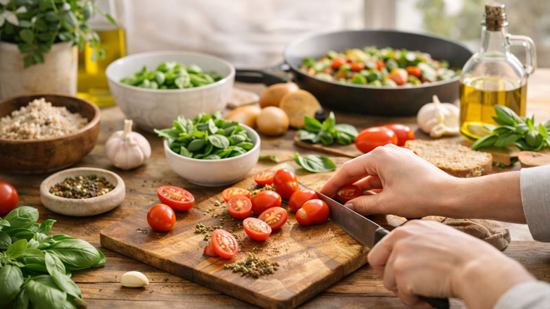 recettes-saines-cuisine-maison-healthy-1 Femme pratiquant une routine bien-être du matin : hydratation, étirements, yoga et respiration au lever